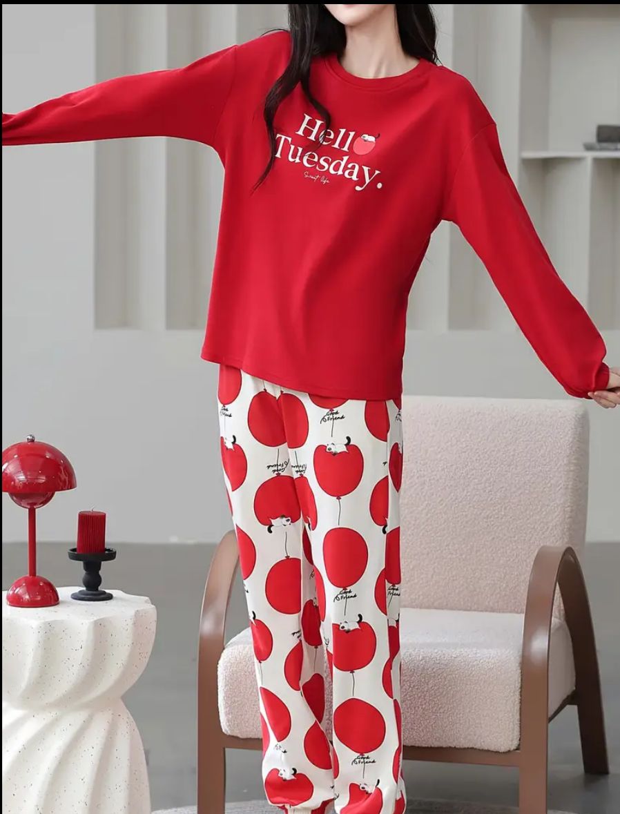 Red Hello Tuesday Printed Full Sleeves PJ Set For Her