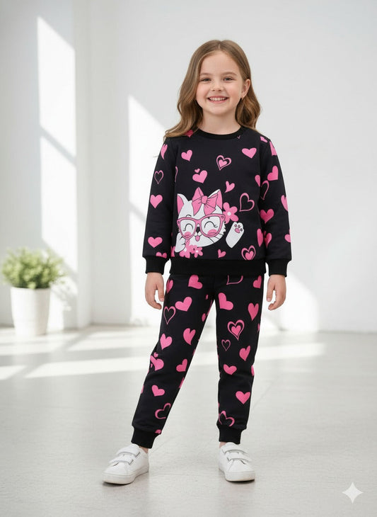 Black Kitty With Pink Hearts Printed Sweatshirt with Matching trouser Kids track suit