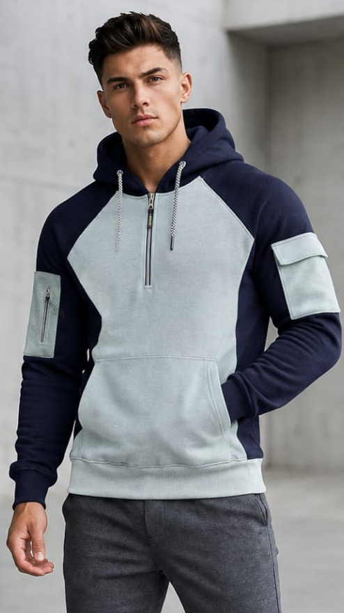 Sky blue with navy blue slvees Winter Panel Hoodie