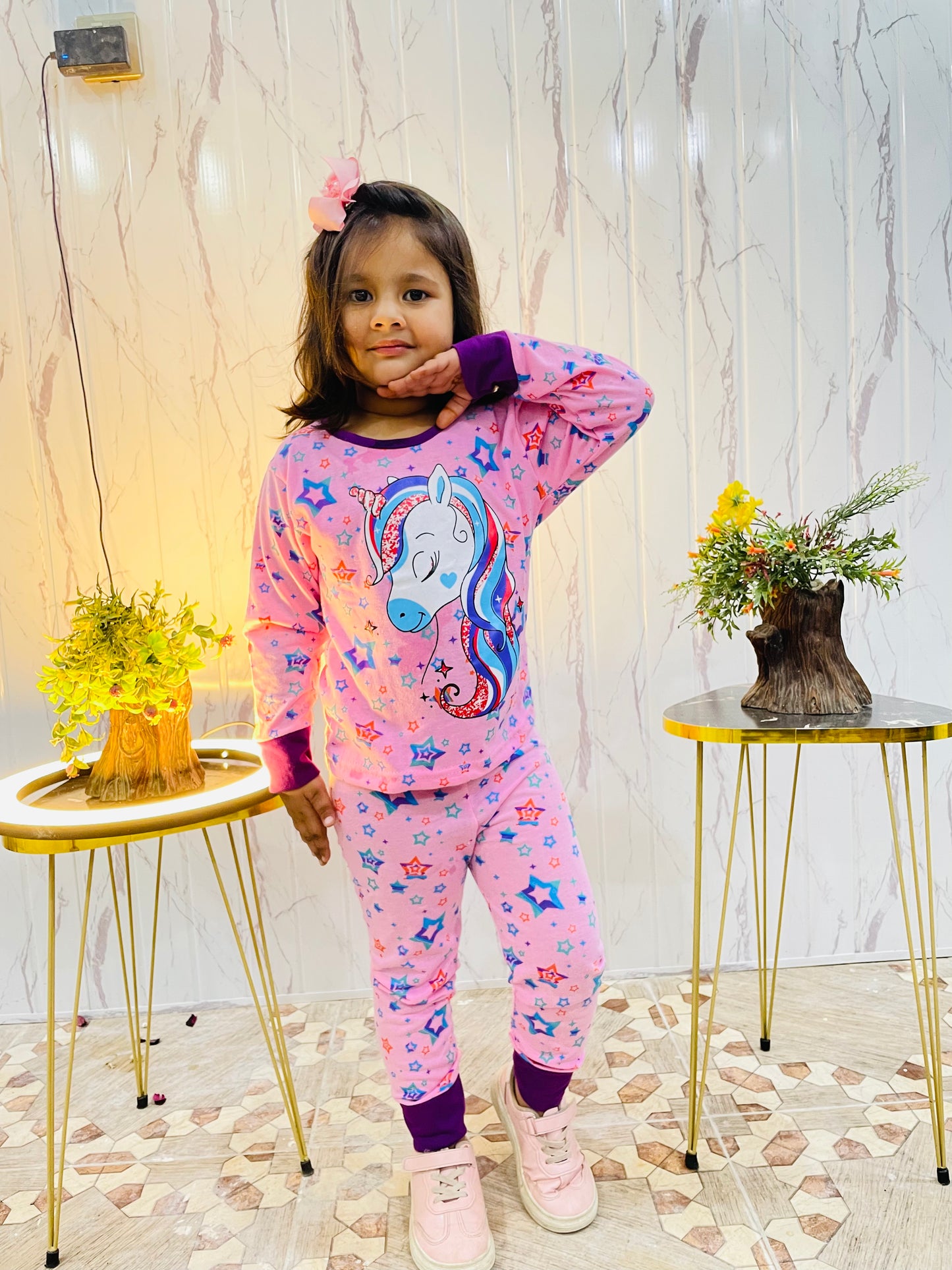 Purple Unicorn with stars Printed Kids Night Suit (ZA-268)