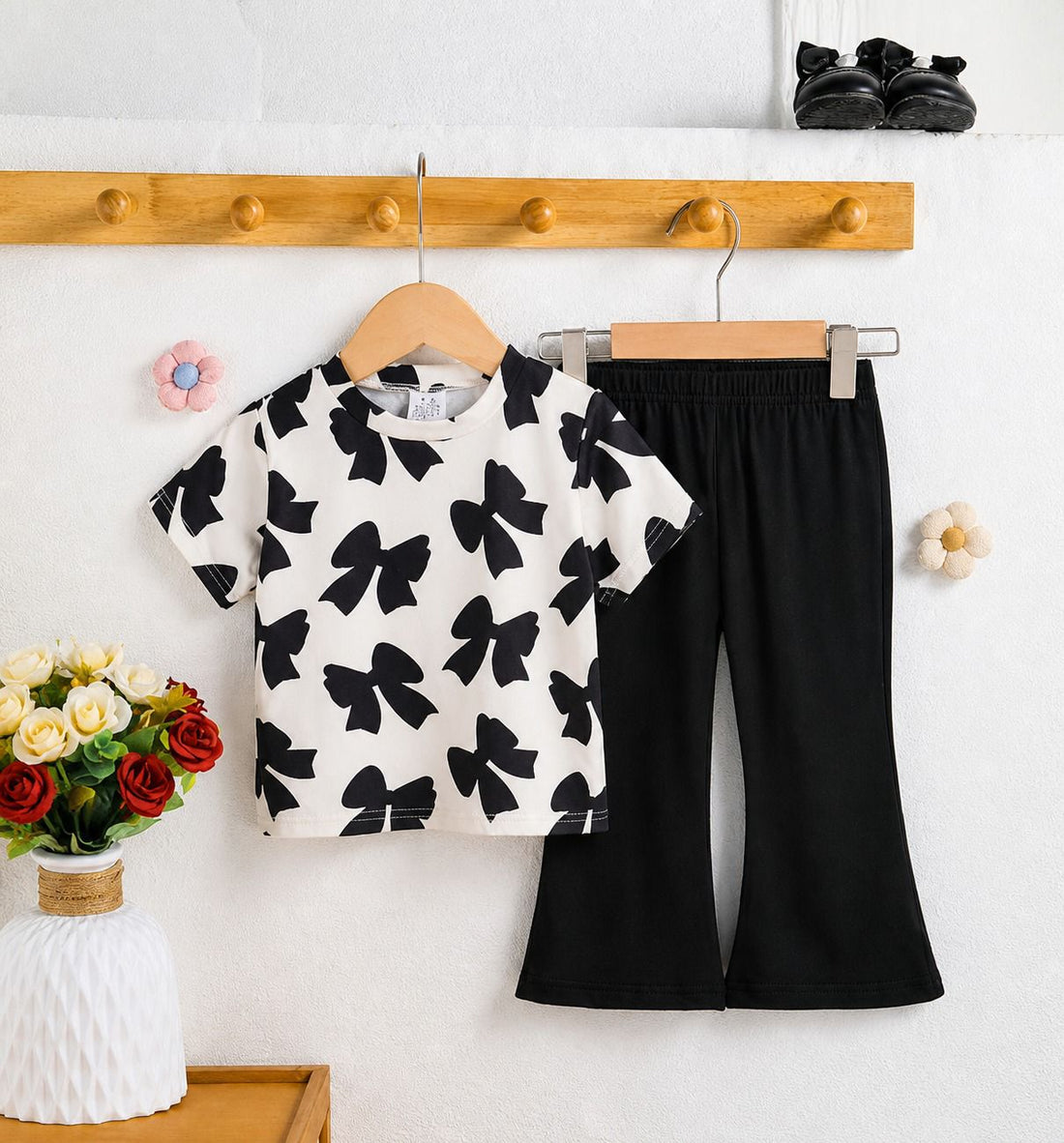 Offwhite Black Bow Printed Half Sleeves T-shirt with Bottle Black Pajama Kids Suits