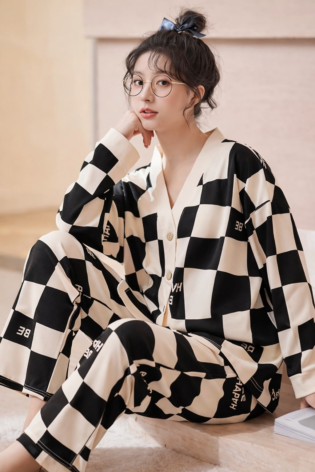Black Offwhite Check Happy be Printed Front Button Style For Her