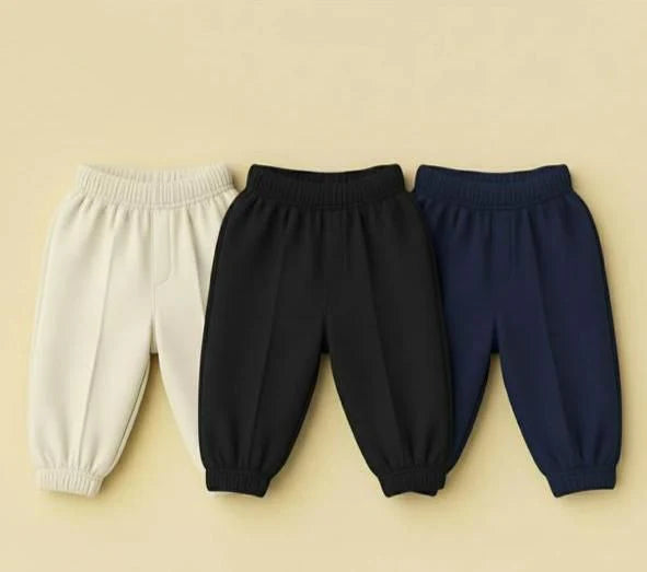Pack of 3 Fleece Stipes Boys Winter Trousers (Off White, Black, Navy Blue)