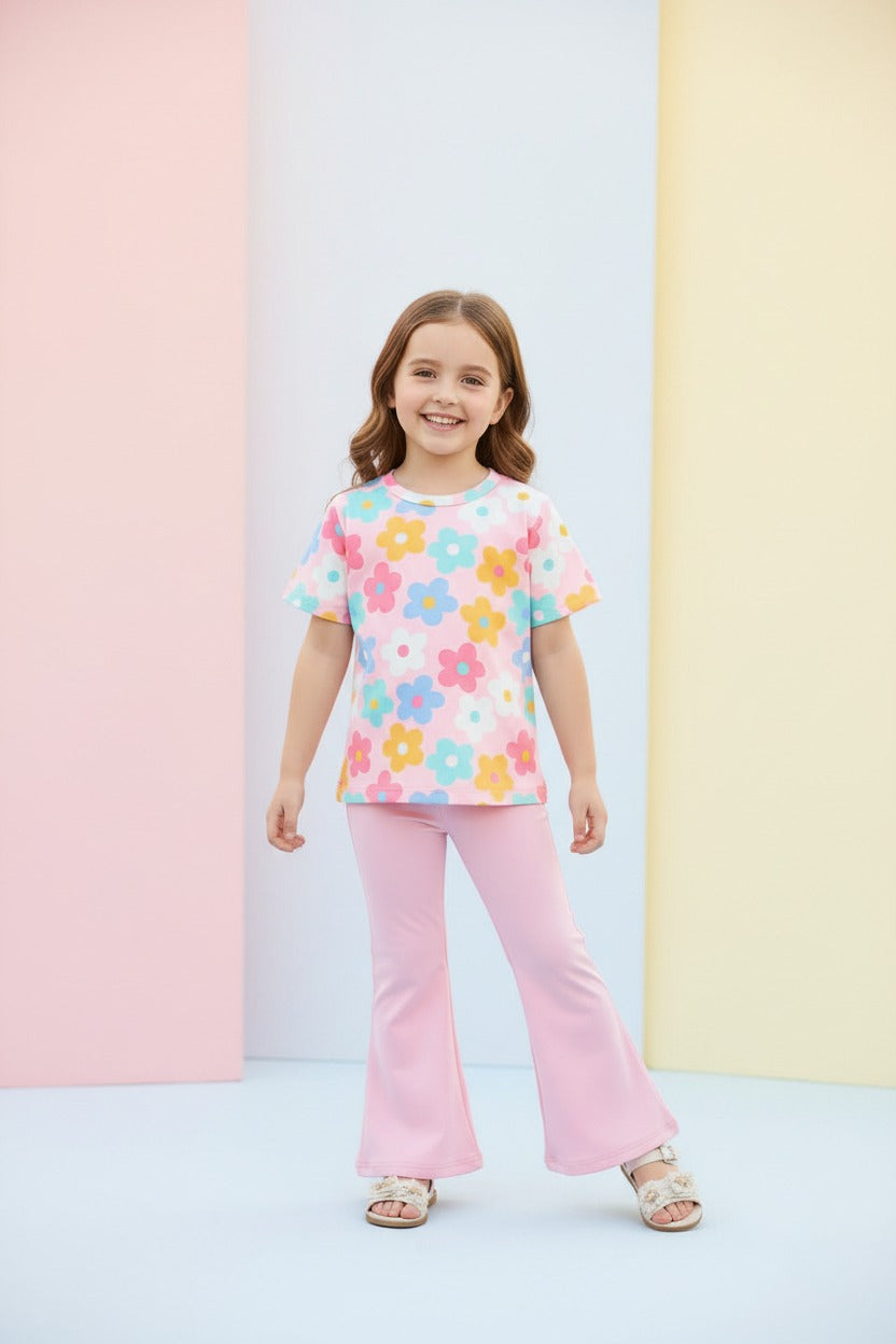 Baby Pink Multi Flower Printed Half Sleeves T-shirt with Baby Pink Plain Pajama Kids Suits