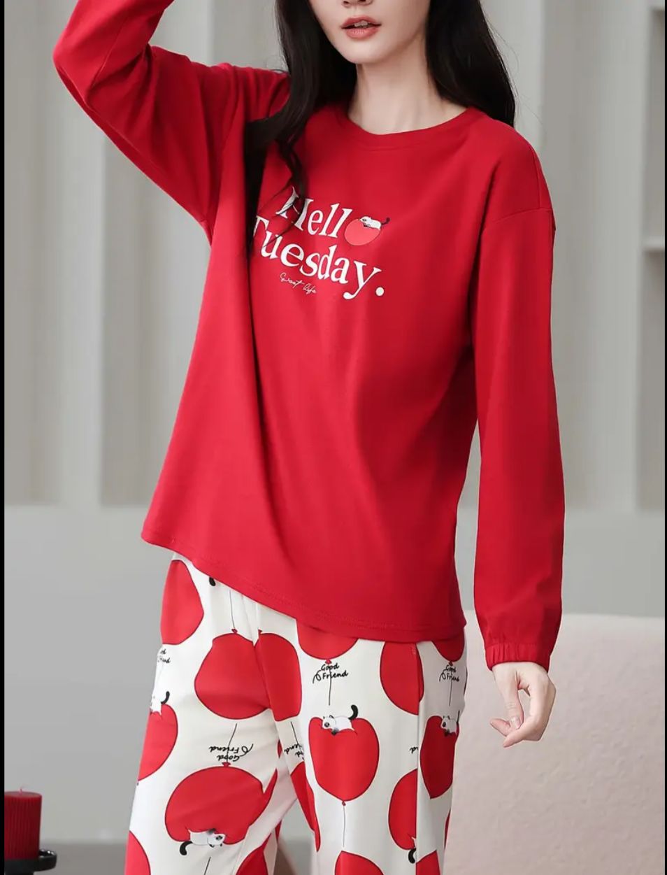 Red Hello Tuesday Printed Full Sleeves PJ Set For Her