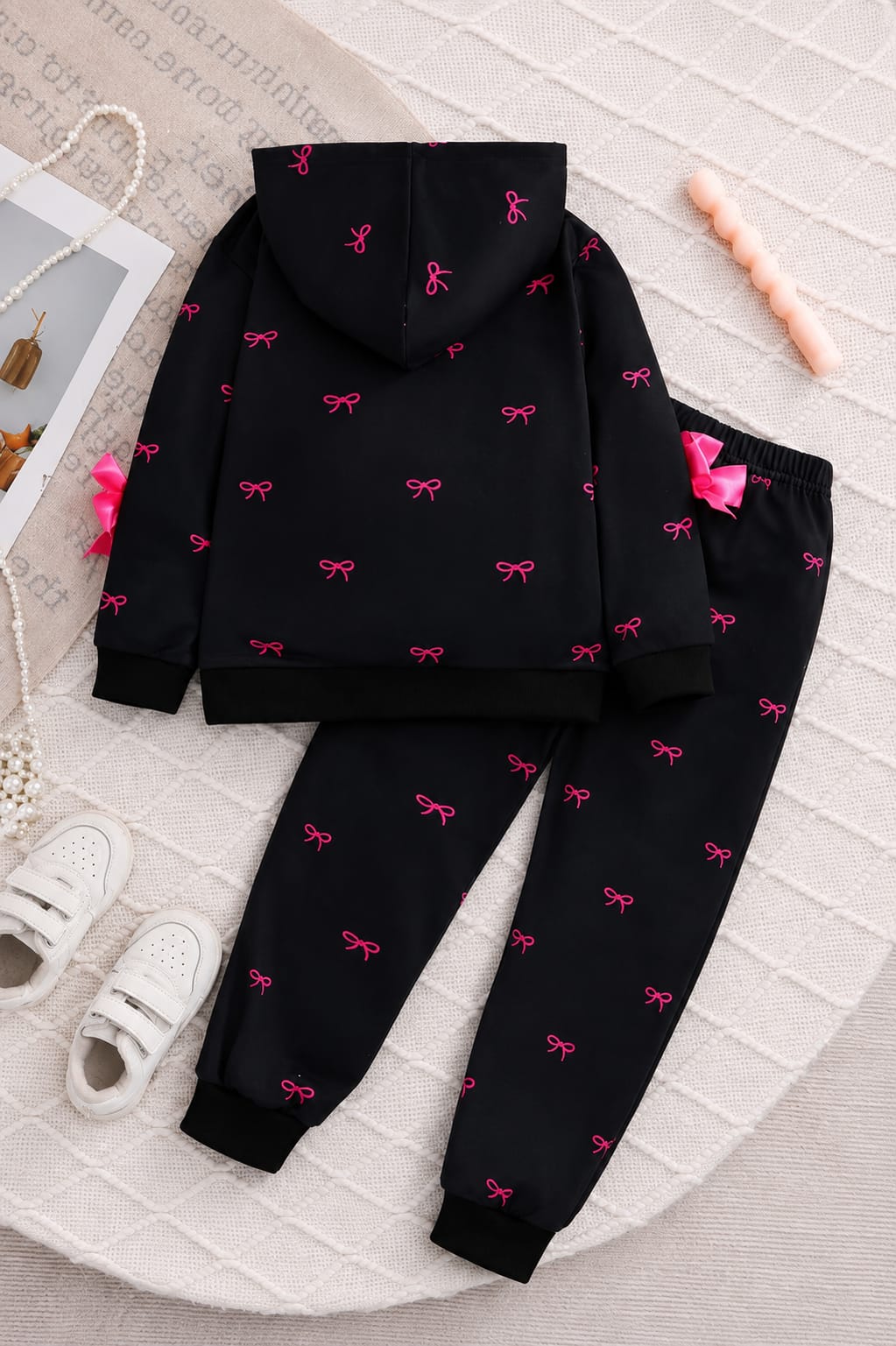 Black With Pink Bow Printed Zipper Track Suit