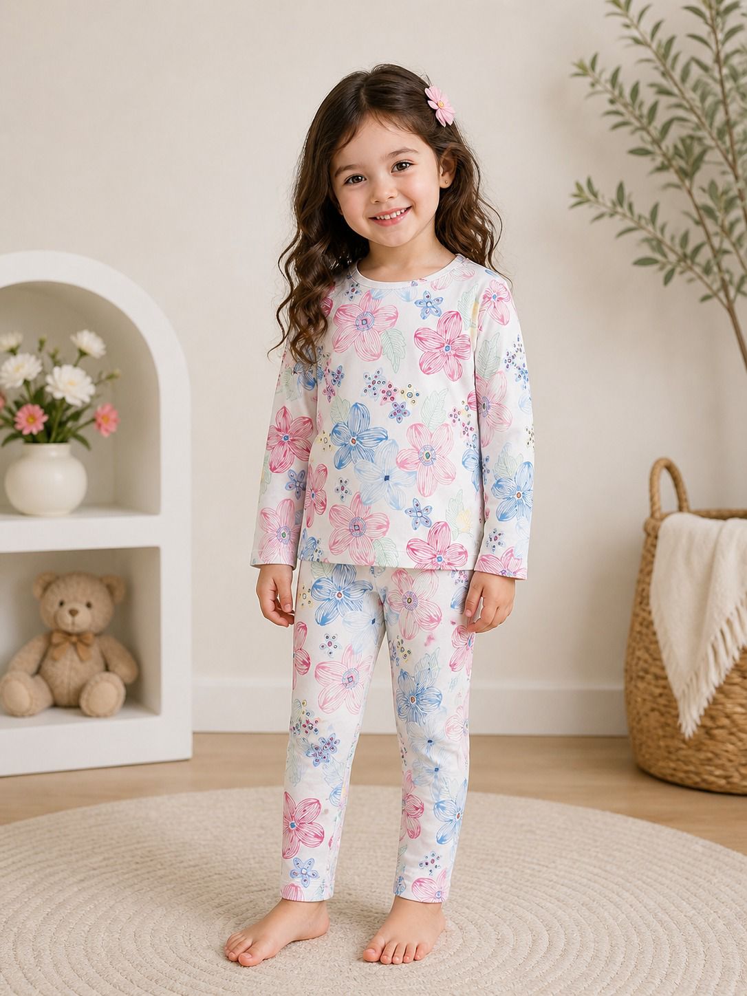 Offwhite Big Flowers Printed Full Sleeves T-shirt with Flowers Pajama Kids Suits