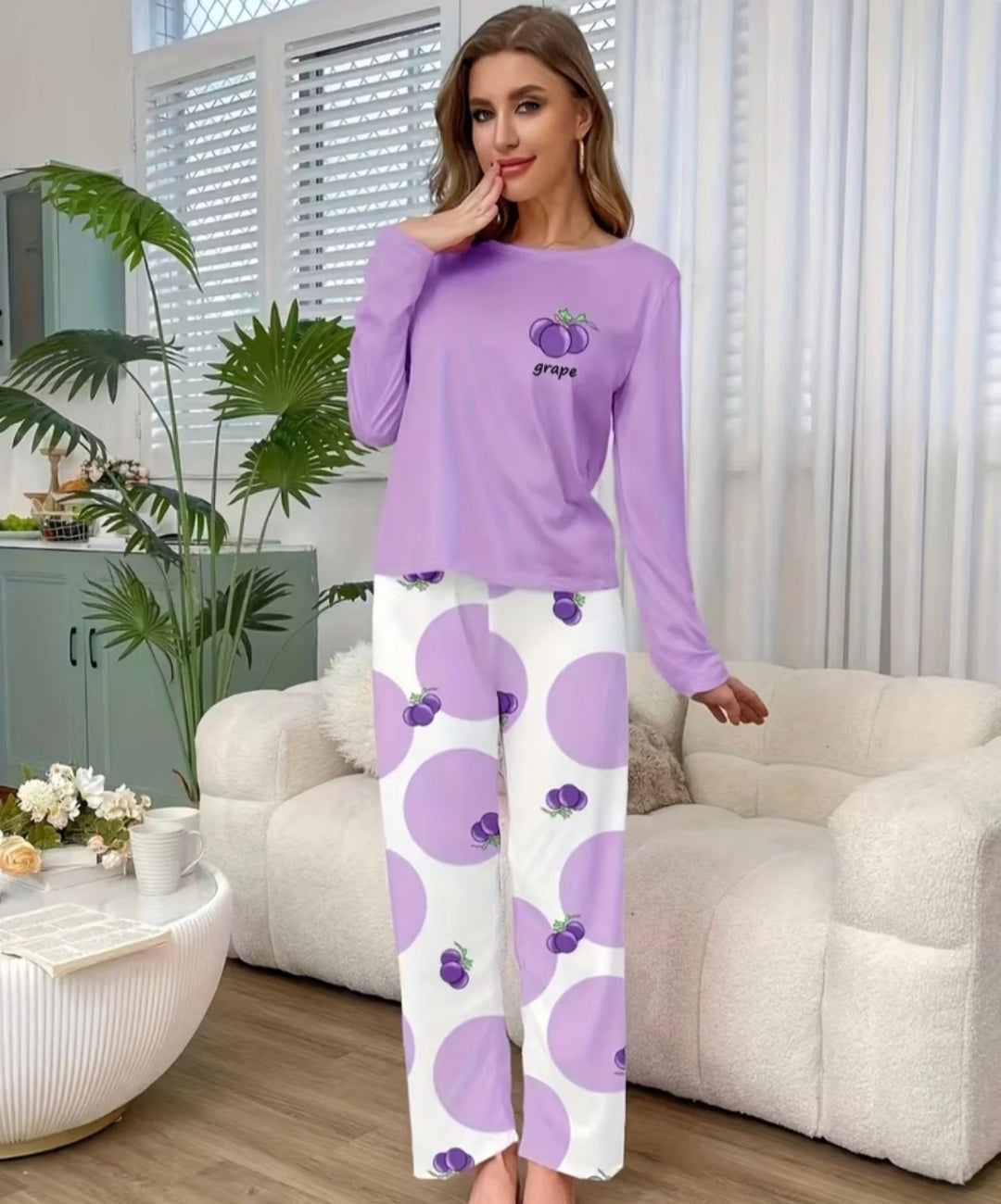 Lilac Grapes Printed Full Sleeves T-shirt With Printed Pajama Suit