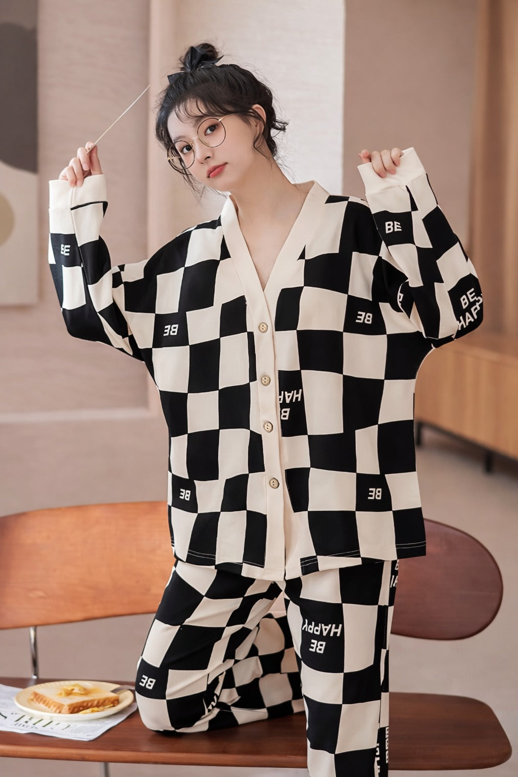 Black Offwhite Check Happy be Printed Front Button Style For Her