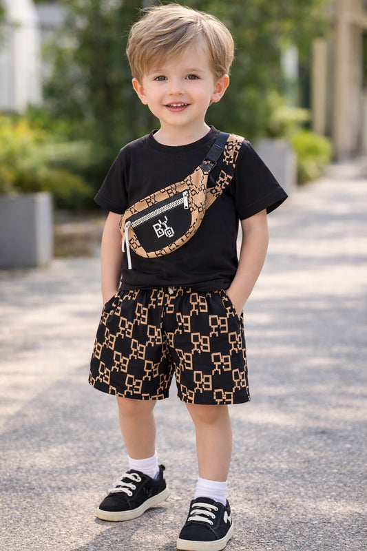 Black Side bag Printed Half Sleeves T-shirt with Printed Shorts Kids Suits