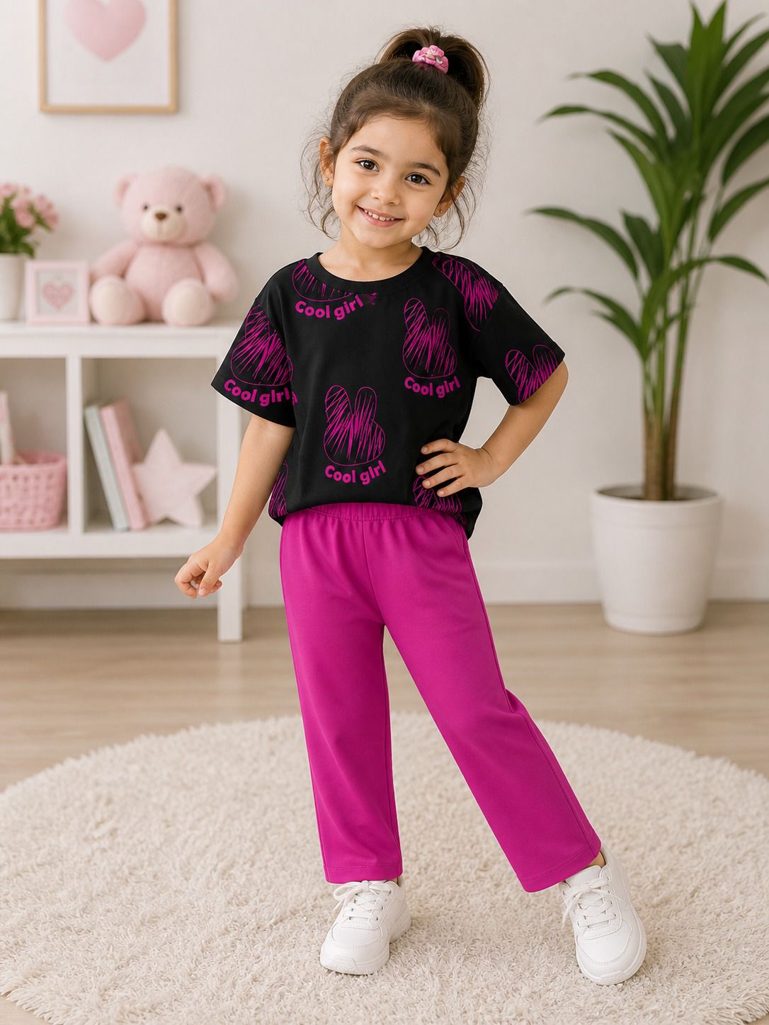 Black Cool Girl Printed Half Sleeves T-shirt with Hot Pink Plain Pajama Kids Suits