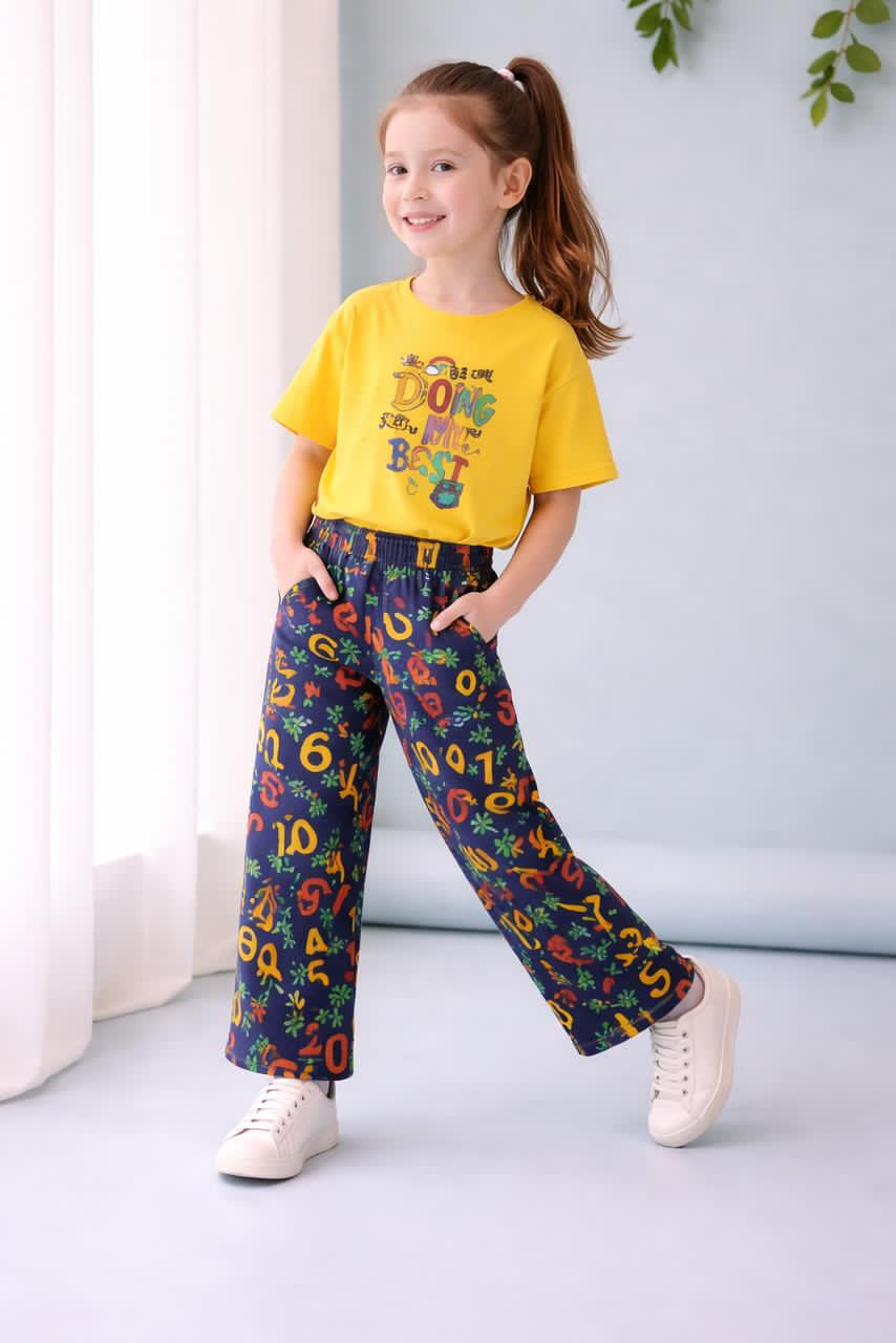 Yellow Doing My Best Printed Half Sleeves T-shirt with multi Digital Printed Pajama Kids Suits