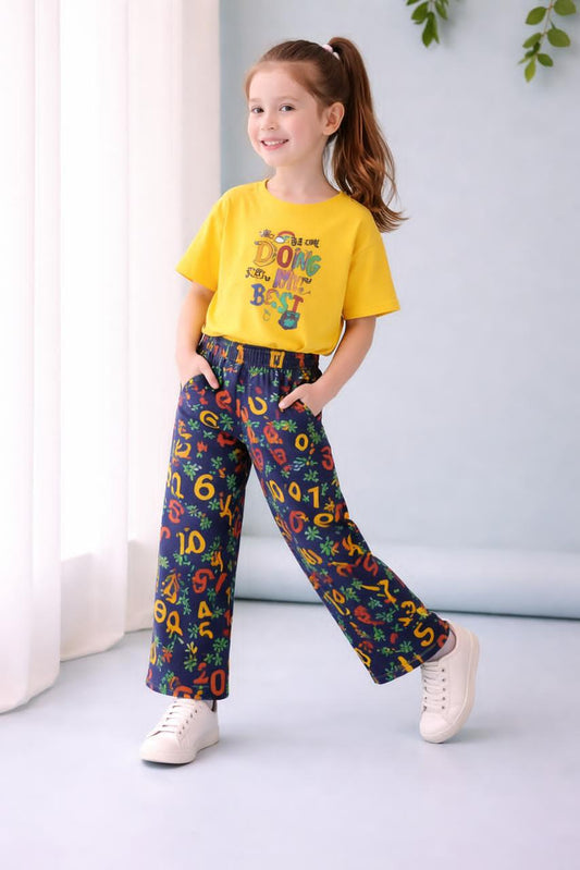 Yellow Doing My Best Printed Half Sleeves T-shirt with multi Digital Printed Pajama Kids Suits