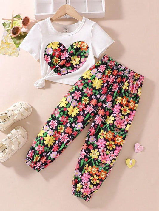 Offwhite Flower Heart Printed Half Sleeves T-shirt with Flower Printed Pajama Kids Suits