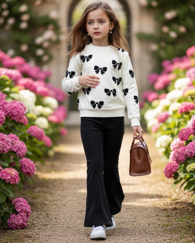 White with Black Bow Printed Sweatshirt with Black Trouser For Kids