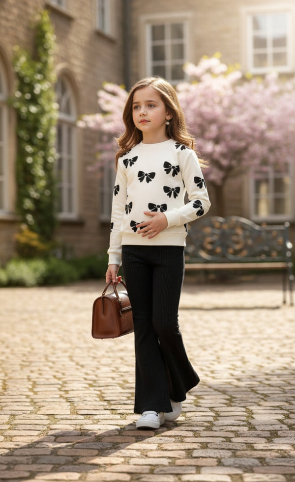 White with Black Bow Printed Sweatshirt with Black Trouser For Kids
