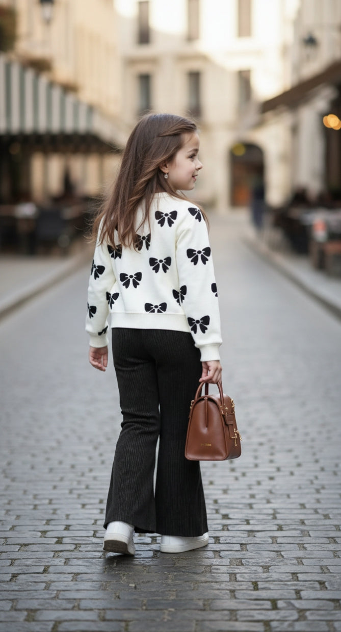 White with Black Bow Printed Sweatshirt with Black Trouser For Kids