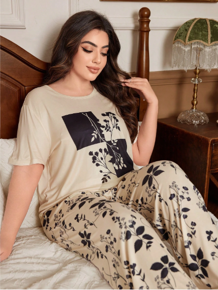 Off white Leaves Printed T-Shirt with leaves printed trouser Night wear
