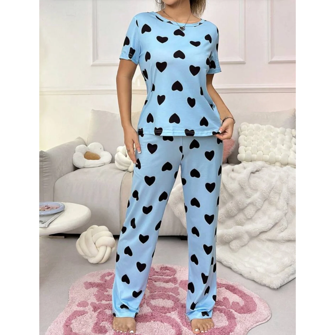 Blue With Black Hearts Print Half Sleeves T-shirt With Hearts Printed Trouser Suit (RX-188)