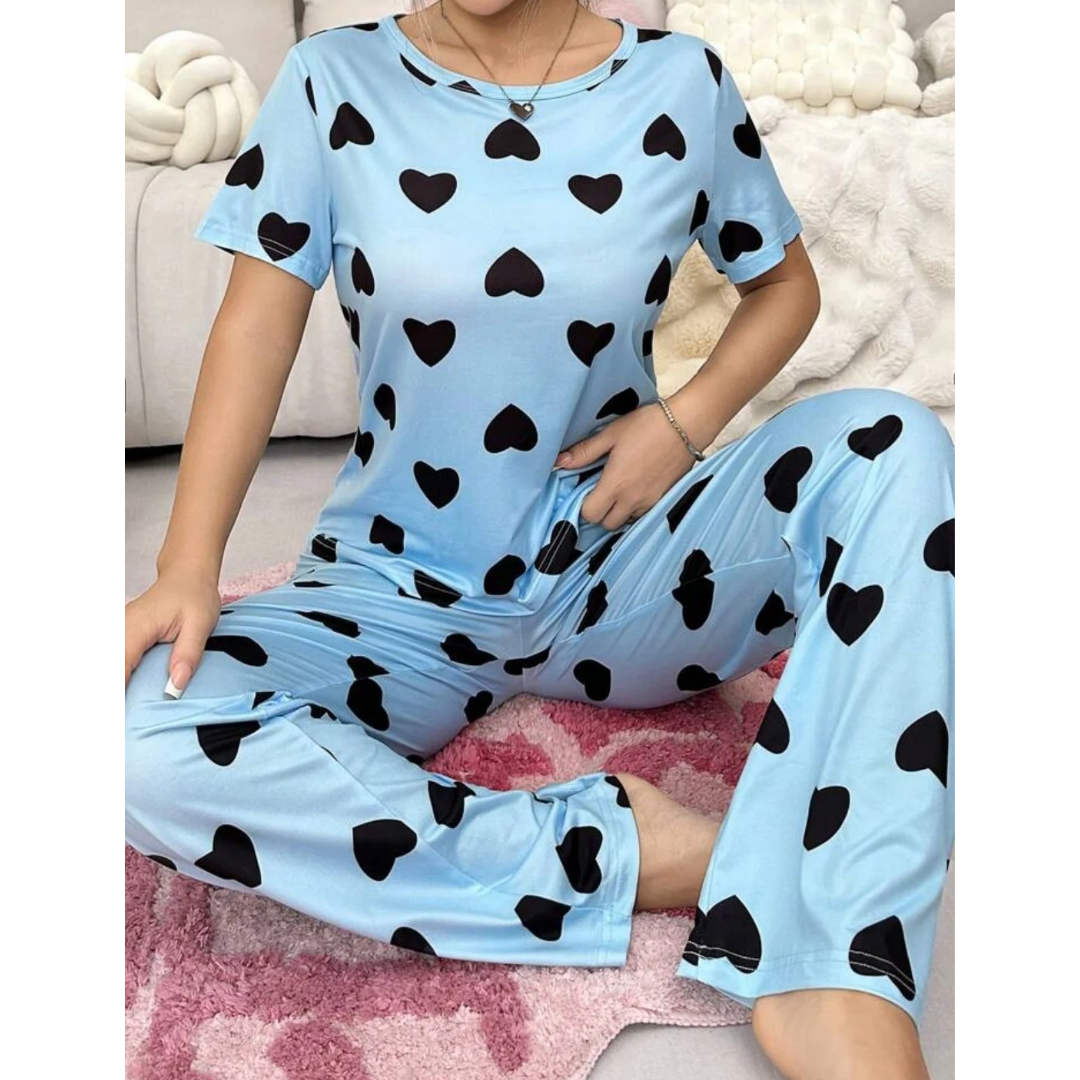 Blue With Black Hearts Print Half Sleeves T-shirt With Hearts Printed Trouser Suit (RX-188)