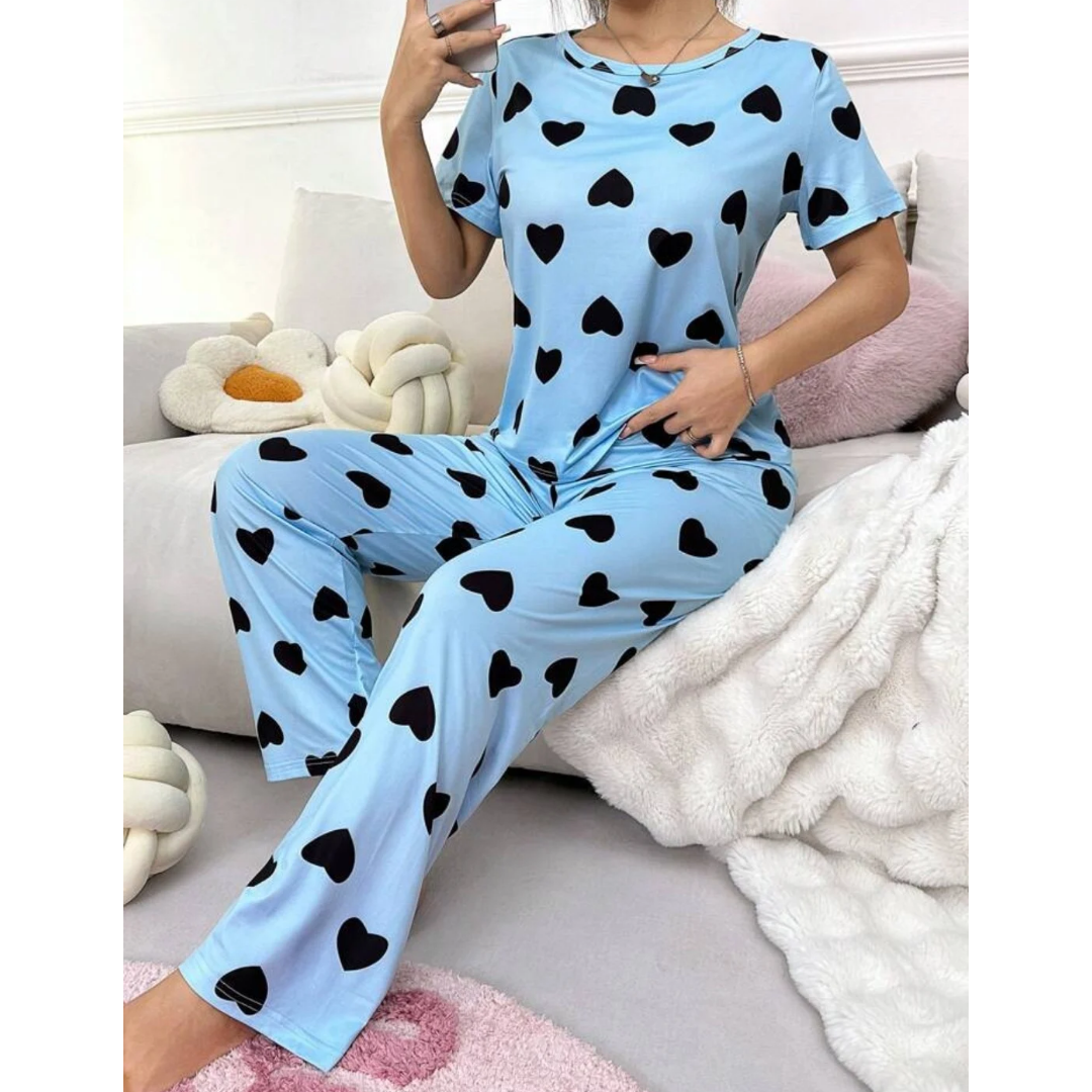 Blue With Black Hearts Print Half Sleeves T-shirt With Hearts Printed Trouser Suit (RX-188)